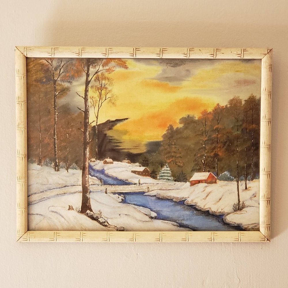 Vintage Midcentury "Winter Night Falls" Original Oil on Canvas Painting